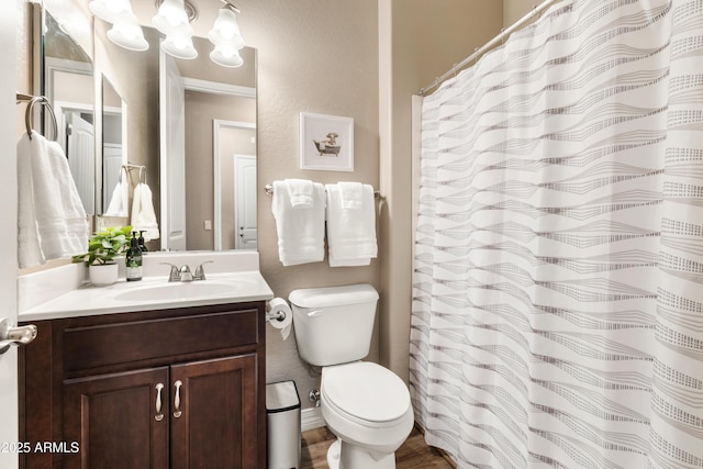5524 N Brinson Ln, Prescott Valley, AZ 86314 - full bath featuring toilet, vanity, a textured wall, wood finished floors, and curtained shower