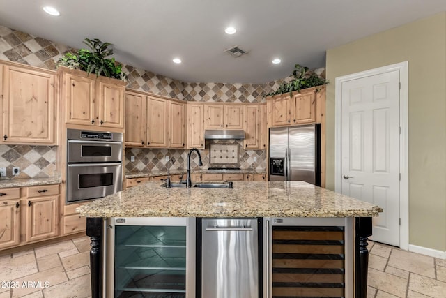 3531 E Norwood Cir, Mesa, AZ 85213 - kitchen with beverage cooler, stainless steel appliances, light brown cabinets, and recessed lighting