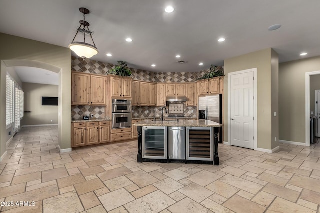 3531 E Norwood Cir, Mesa, AZ 85213 - kitchen with wine cooler, arched walkways, decorative backsplash, light stone counters, and recessed lighting