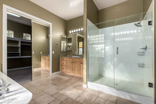 3531 E Norwood Cir, Mesa, AZ 85213 - full bathroom featuring stone tile flooring, vanity, and a shower stall