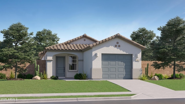 mediterranean / spanish home with concrete driveway, stucco siding, fence, a tiled roof, and a front yard