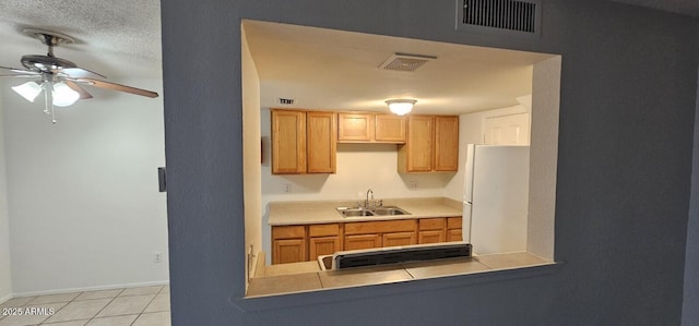 kitchen featuring visible vents, range, a sink, and freestanding refrigerator