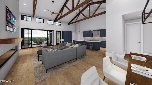 living room featuring beamed ceiling, high vaulted ceiling, sink, and light hardwood / wood-style flooring