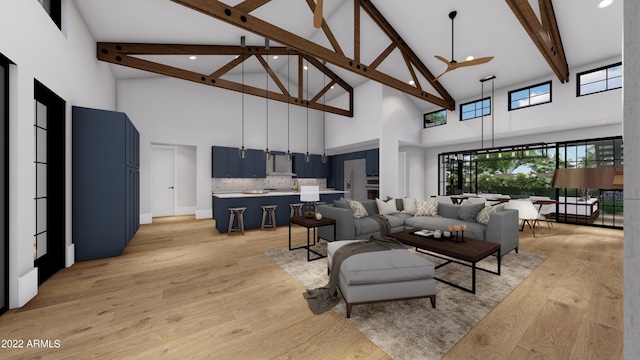 living room featuring ceiling fan, beam ceiling, high vaulted ceiling, and light hardwood / wood-style flooring