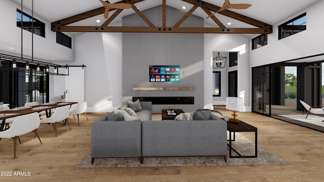 living room featuring ceiling fan, high vaulted ceiling, beamed ceiling, and light wood-type flooring