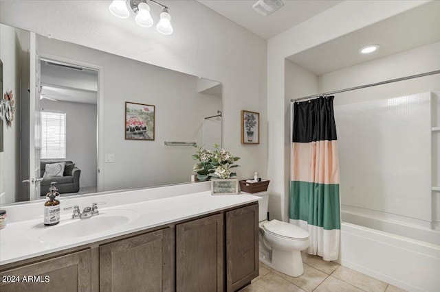 full bathroom featuring toilet, vanity, shower / bathtub combination with curtain, and tile patterned flooring