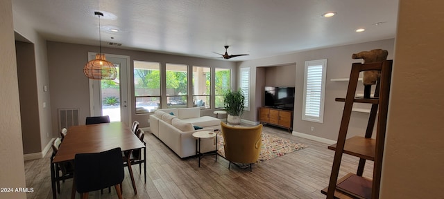 living room with a textured ceiling, hardwood / wood-style flooring, and ceiling fan