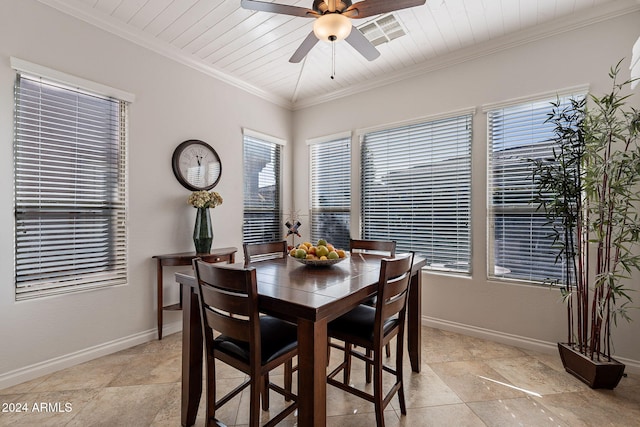 dining room with ceiling fan, light tile patterned floors, wood ceiling, and crown molding