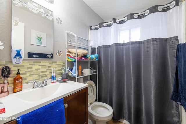 414 E Frost Cir, Mesa, AZ 85203 - bathroom with vanity, tasteful backsplash, and curtained shower