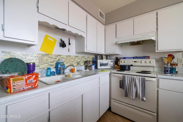 414 E Frost Cir, Mesa, AZ 85203 - kitchen featuring white appliances, under cabinet range hood, light countertops, white cabinets, and backsplash