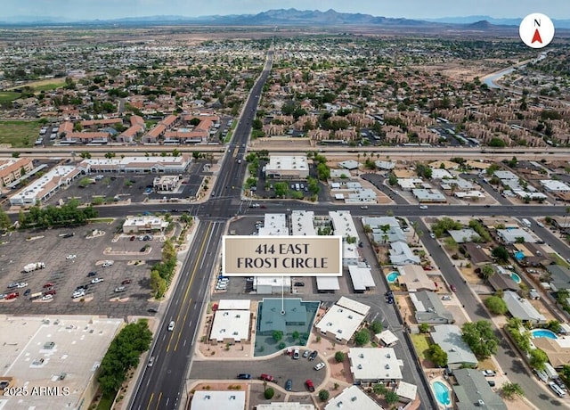 414 E Frost Cir, Mesa, AZ 85203 - aerial overview of property's location featuring a mountain backdrop