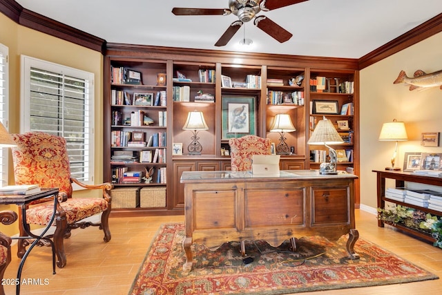 10434 N 44th St N, Phoenix, AZ 85028 - home office featuring crown molding, ceiling fan, light wood-type flooring, and built in shelves