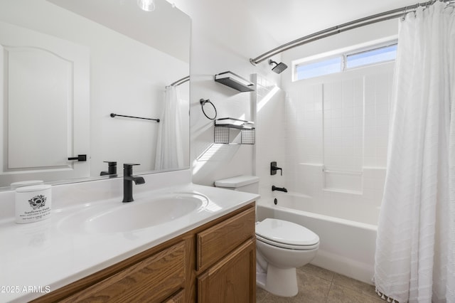 full bathroom with toilet, tile patterned floors, vanity, and shower / bathtub combination with curtain