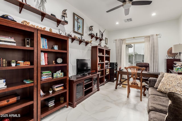 living room featuring recessed lighting, visible vents, marble finish floor, and ceiling fan