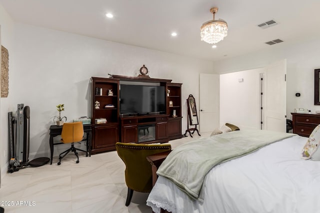 bedroom featuring recessed lighting, visible vents, a notable chandelier, and marble finish floor