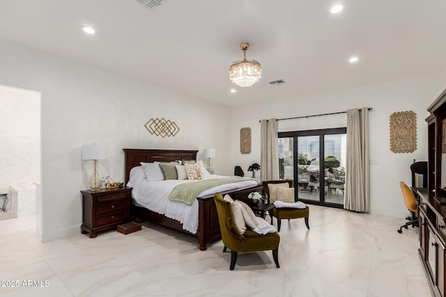 bedroom featuring recessed lighting, visible vents, a chandelier, and access to outside