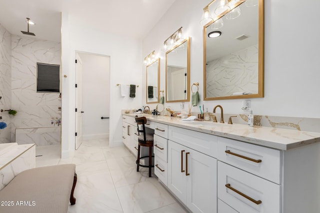 bathroom with a marble finish shower, visible vents, baseboards, marble finish floor, and vanity