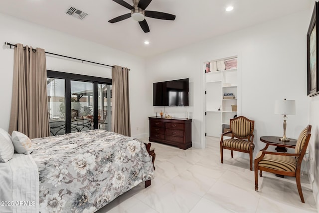 bedroom featuring visible vents, marble finish floor, ceiling fan, recessed lighting, and access to exterior