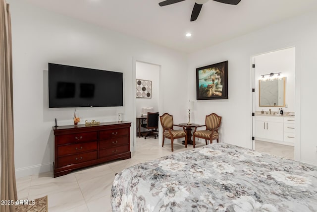 bedroom with a ceiling fan, ensuite bath, recessed lighting, and baseboards