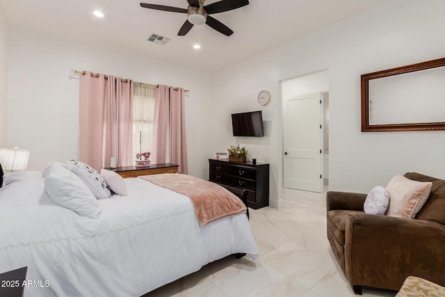 bedroom with recessed lighting, visible vents, marble finish floor, and ceiling fan