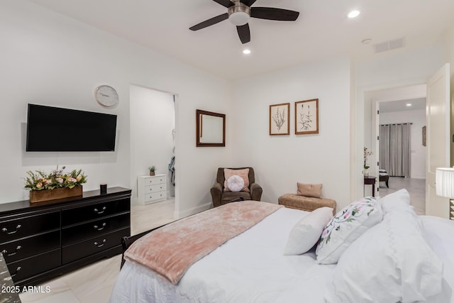 bedroom featuring recessed lighting, visible vents, and ceiling fan