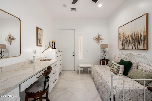 interior space with a ceiling fan, recessed lighting, visible vents, and marble finish floor