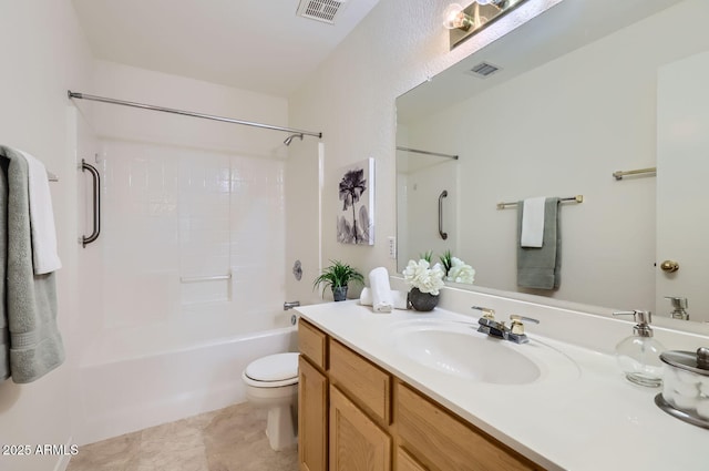 full bathroom with toilet, vanity, and shower / tub combination