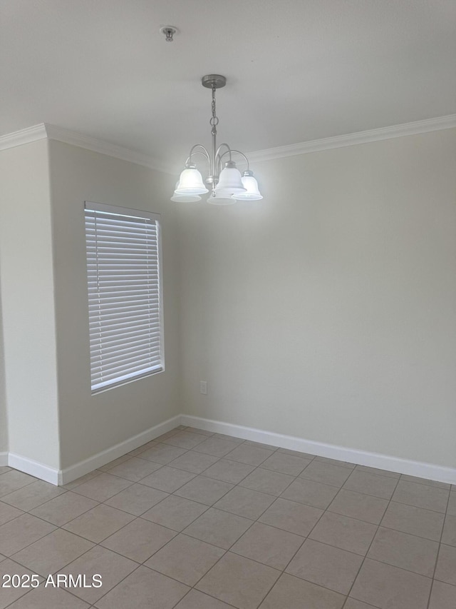 7575 E Indian Bend Rd Unit 1100, Scottsdale, AZ 85250 - spare room featuring crown molding, a chandelier, baseboards, and light tile patterned floors