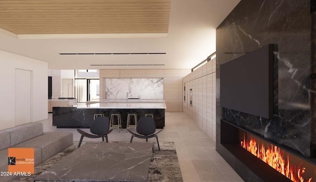 interior space with a breakfast bar and a high end fireplace