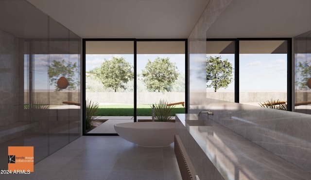 interior space featuring expansive windows and a tub