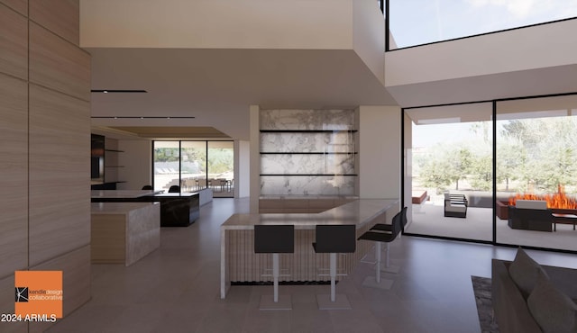 interior space featuring a high ceiling and a breakfast bar area