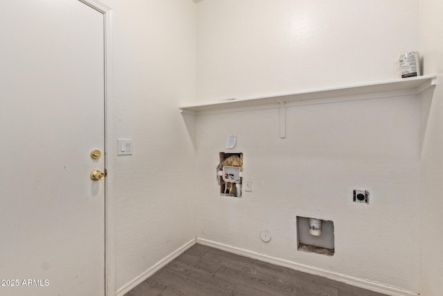 clothes washing area with washer hookup, laundry area, hookup for an electric dryer, gas dryer hookup, and dark wood-style flooring