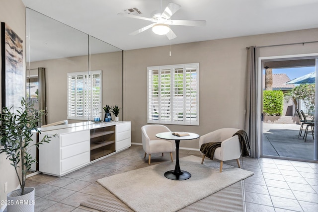 2260 E Binner Dr, Chandler, AZ 85225 - sitting room featuring light tile patterned floors, a ceiling fan, visible vents, and plenty of natural light