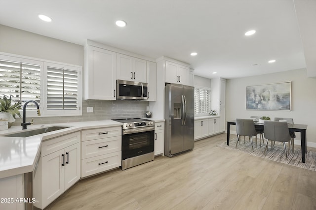 kitchen with sink, light hardwood / wood-style flooring, white cabinets, stainless steel appliances, and backsplash