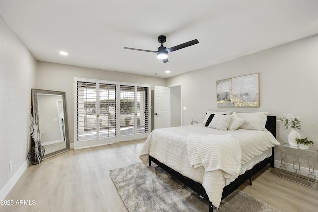 bedroom with ceiling fan, access to exterior, and light hardwood / wood-style floors