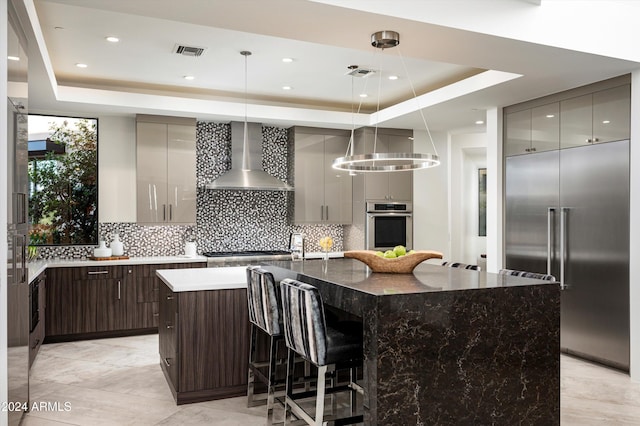 kitchen with decorative light fixtures, a spacious island, appliances with stainless steel finishes, and a tray ceiling