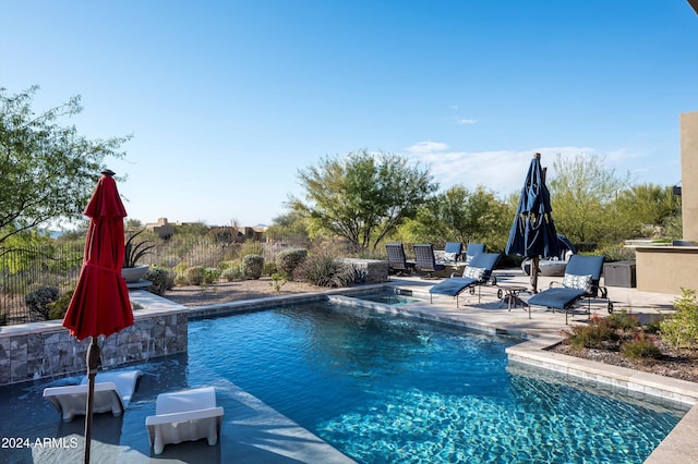 view of swimming pool with a patio area