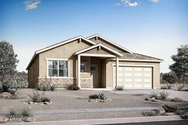 view of front of home with an attached garage, stone siding, driveway, and stucco siding