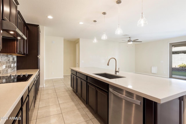 kitchen with black electric stovetop, stainless steel dishwasher, ceiling fan, sink, and hanging light fixtures