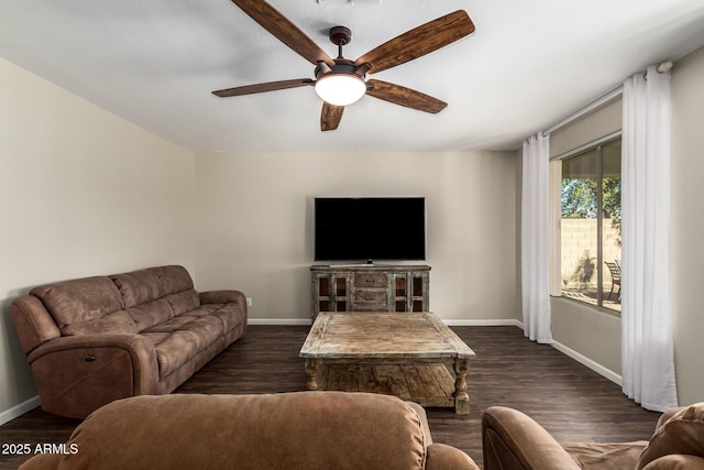 living room with dark hardwood / wood-style floors and ceiling fan