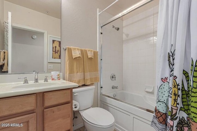 full bathroom featuring shower / bath combo with shower curtain, vanity, and toilet