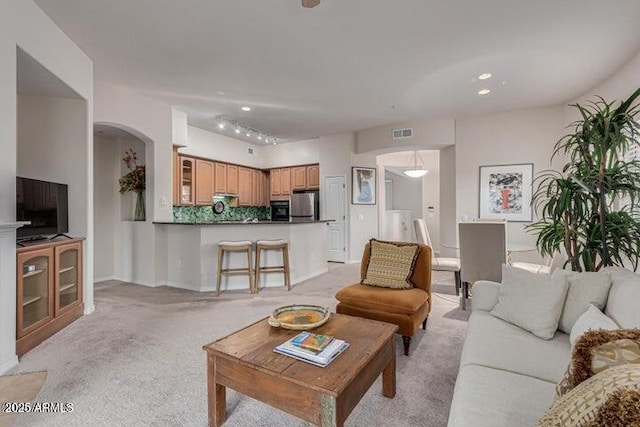 living room featuring rail lighting and light colored carpet