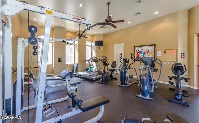 exercise room with ceiling fan