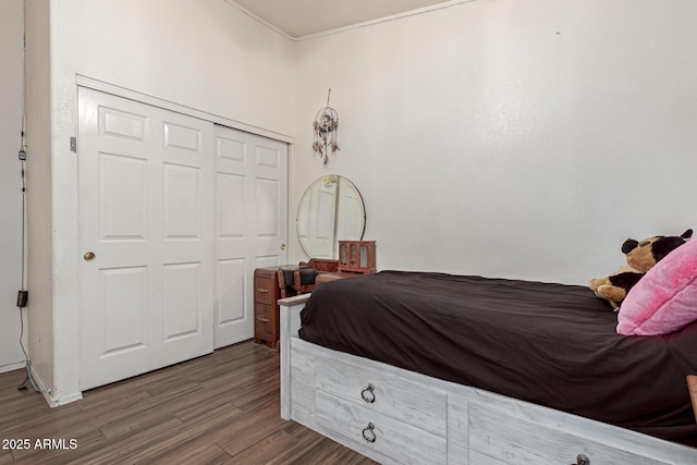 bedroom featuring dark hardwood / wood-style floors and a closet