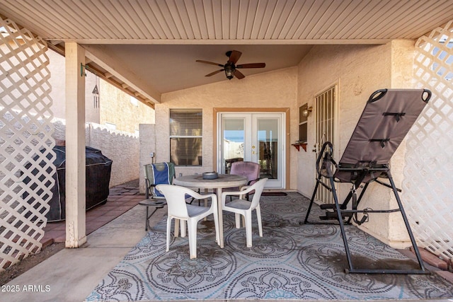 view of patio featuring a grill, ceiling fan, and french doors