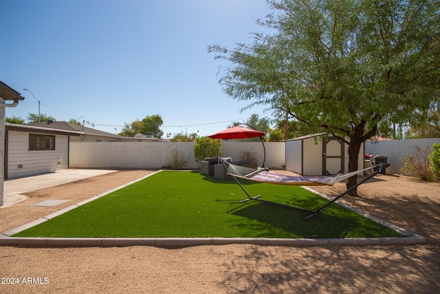 view of yard featuring a patio and a storage unit