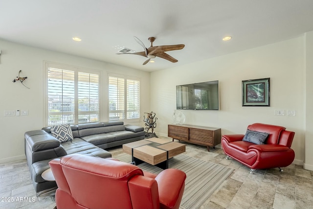 living room featuring ceiling fan