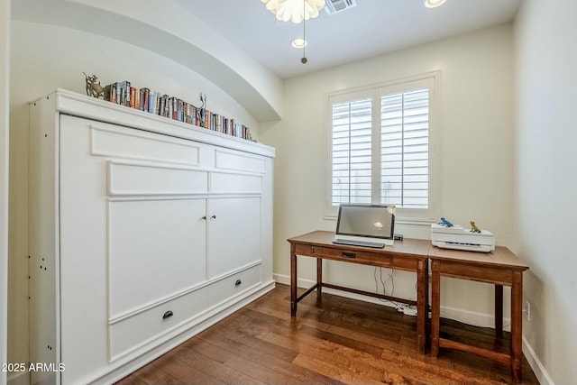 home office featuring dark hardwood / wood-style flooring