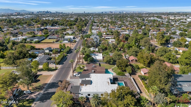 drone / aerial view featuring a mountain view