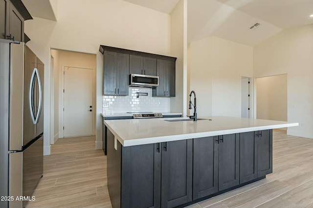 kitchen with appliances with stainless steel finishes, high vaulted ceiling, an island with sink, sink, and light hardwood / wood-style flooring